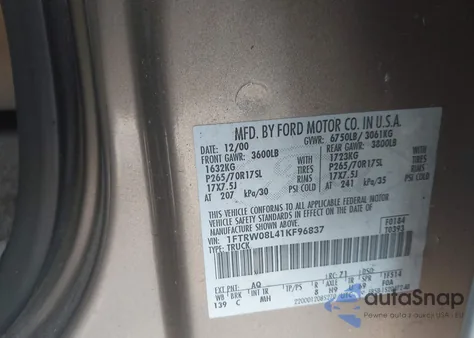 2001 Ford F150 Supercrew z USA, uszkodzony, nr VIN 1FTRW08L41KF96837